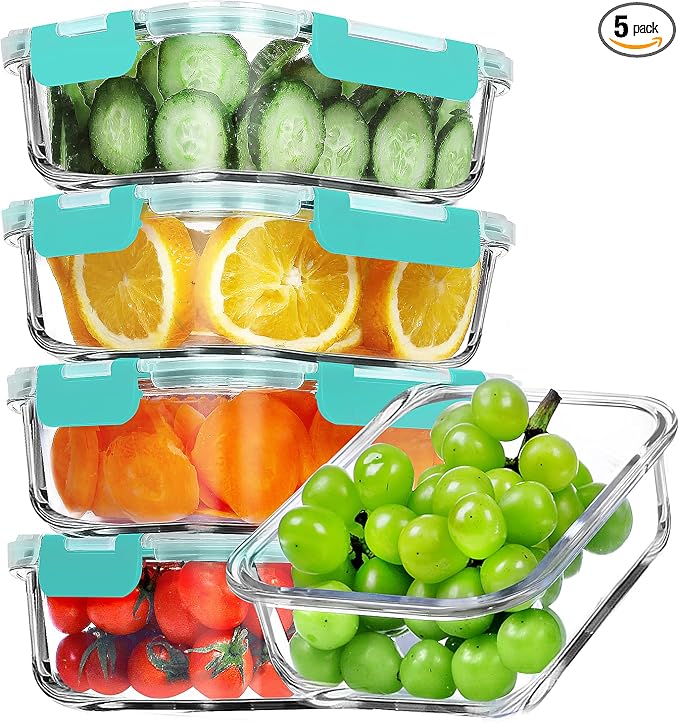 VERONES 5 PACK 36 OZ Glass Meal Prep Containers Set with Lids, Green | Airtight Glass Lunch Containers Set, Food Storage Containers with Lids, for Microwave, Oven, Freezer & Dishwasher Friendly