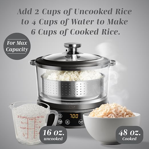 COOK WITH COLOR Glass Mini Low Carb Rice Cooker – Holds 2 Cups Raw/Makes 6 Cups Cooked with Auto Lift Filter Basket, Hotpot & Steamer for Rice, Grains, Digital Panel with Keep Warm, Black