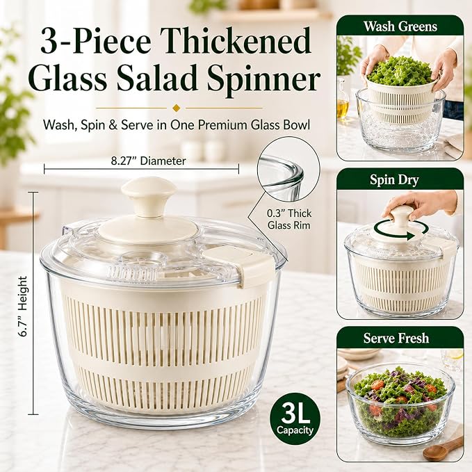 Glass Salad Spinner 3.2 Qt, Small Salad Spinner, Glass Bowl, White | Removable Lid, Storage Lid, Dishwasher-Safe Glass Bowl, Fruit & Vegetable Washer Dryer, Drain Spout, Crank Handle