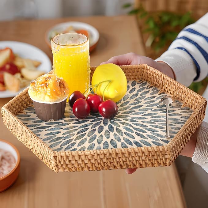 Hexagon Rattan Tray with Mother of Pearl Inlay, Rattan Serving Tray for Coffee, Bread, Fruits, Snacks, Decorative Wicker Tray for Table Decor, Home Decor (Light Blue Leaves, 14.5"×12.8")