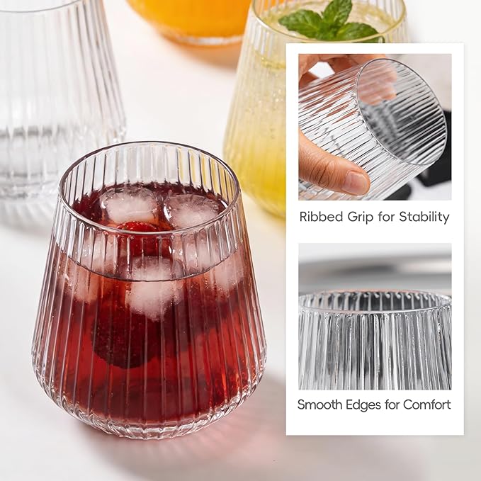 N9R 24PCS Plastic Wine Glasses Disposable,14 oz Cocktail & Spritz Glasses | Clear Stemless Champagne/Whiskey/Drinking Glasses, Elegant Origami Ripple, Shatterproof, for Parties, Weddings, Pool and Bar