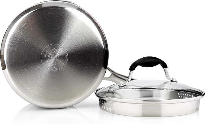 AVACRAFT 3.5 Quart Tri-Ply Stainless Steel Saucepan with Glass Strainer Lid | 18/10 Stainless Steel, Full Tri-Ply Body, Glass Strainer Lid, Pour Spouts, Induction Compatible, Oven Safe, Dishwasher Safe
