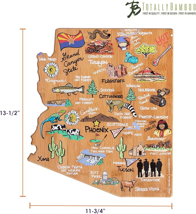 Totally Bamboo Arizona State Shaped Cutting Board, Art by Fish Kiss | State charcuterie board with colorful hand-drawn map artwork. Smooth reverse side for food prep. Hang tie for wall display.