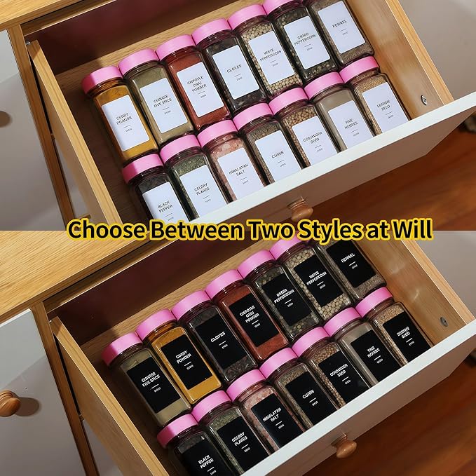 36 Spice Jars with Labels, 4oz Seasoning Jars for Cabinets, Drawers, Racks | Lead-free glass seasoning containers with pink airtight lids, and they are dishwasher safe