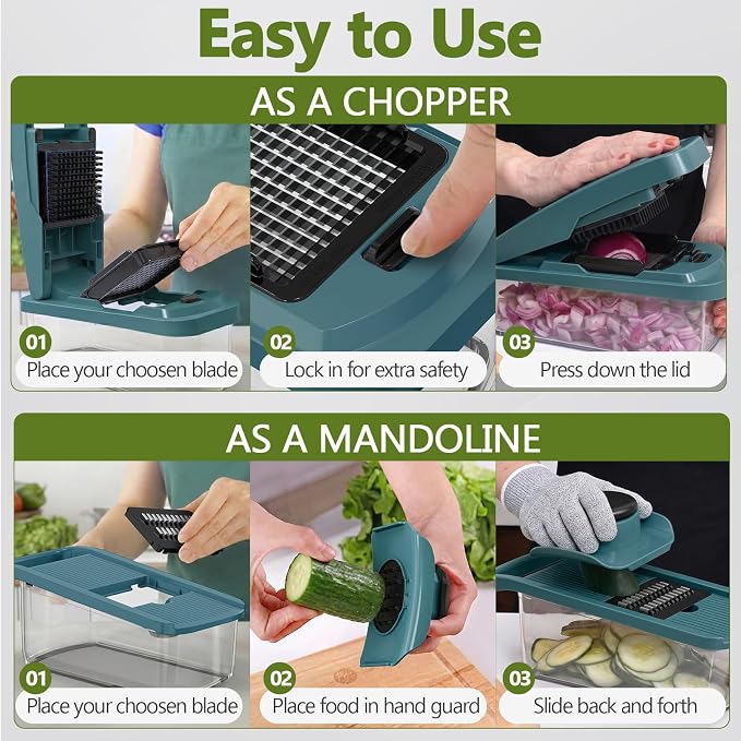 Multifunctional Vegetable Chopper & Mandoline Slicer, Veggie Chopper | Removable Grid ,8 Interchangeble Blades, Onion Chopper, Easy to Clean, Dishwasher Safe, Fruit Slicer Onion Dicer