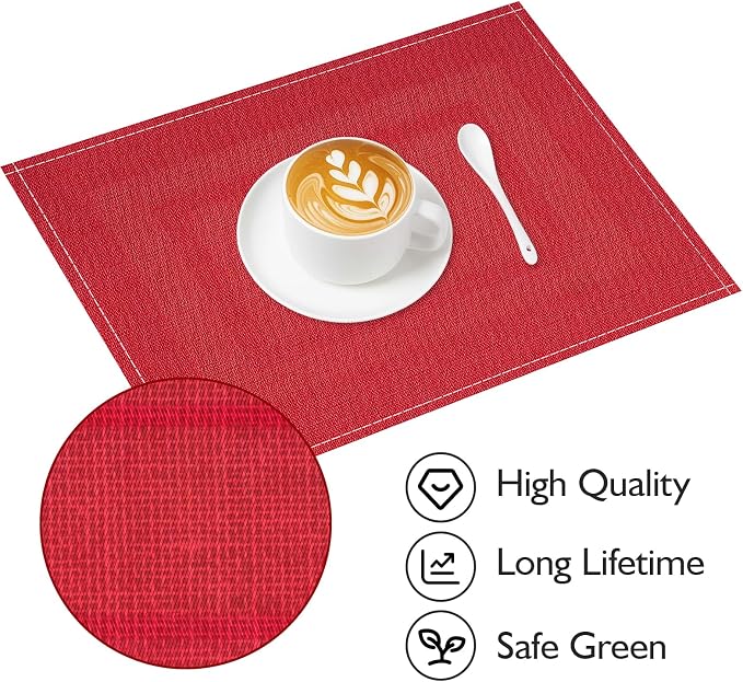 Christmas Placemats Set of 6, 12x18 Inch Rectangular Placemats for Kitchen Table, Red Placemats for Holiday Party Kitchen Dining Room Decoration