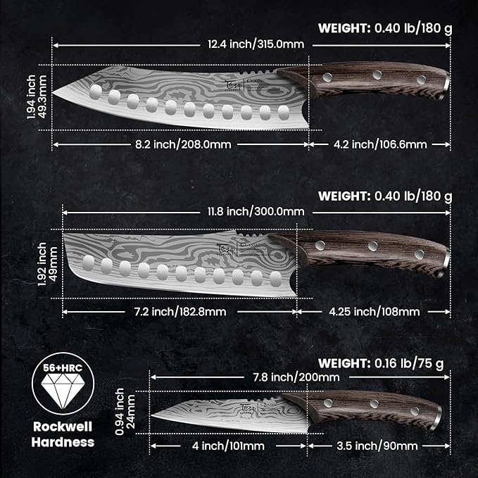 Kitchen Knife Set, 3-Piece Japanese Style Chef Knives Set | 8.2" Kiritsuke, 7.2" Nakiri, 4" Paring, Precision Cutting, Damascus Pattern, Ergonomic Full Tang Wooden Handle, Cooking Gifts