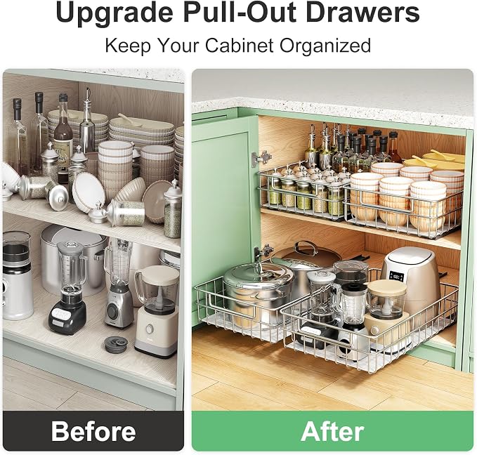 Stainless Steel Pull Out Cabinet Organizer(11.8"W x 16.5"D x 4.7"H)-1 Pack, Minimalist Design Frame, Full-Extension Slide Rails, Easy Installation for Pantry Organizers or Kitchen Cabinet Organizer