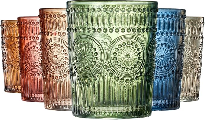 Beautiful Colored Tumbler Drinking Glasses | Set of 6 | Crystal, 10oz - Vintage Drinking Cup, Luxury Multi Color Glassware Gift Set Her, Wife & Mom, Him - Colorful Drinkware for Water, Wine, Cocktail