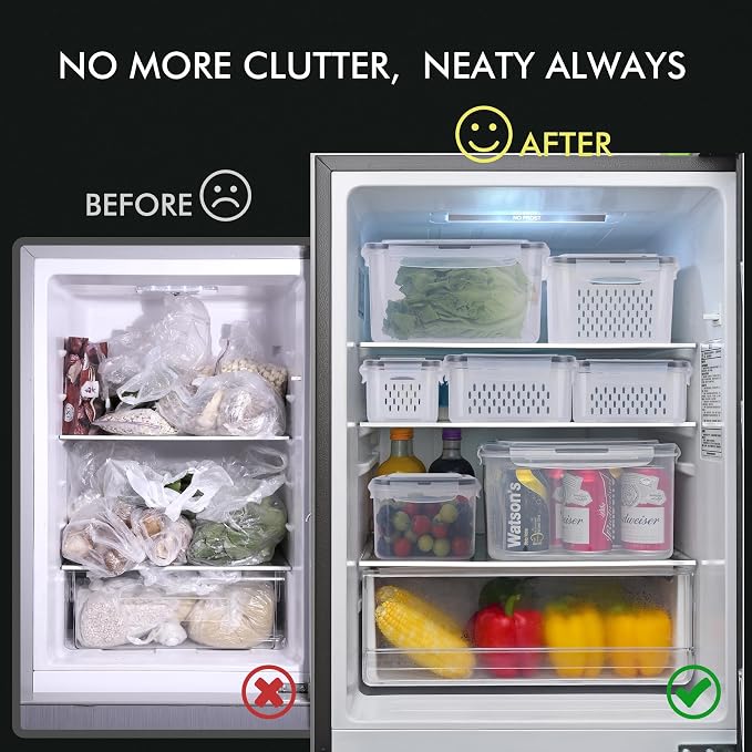 HOTEC 5-Pack Large Fruit Storage Container for Fridge Leak proof with Removable Colander, BPA Free Dishwasher & microwave safe Largest 4.15L