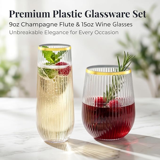 Lueumxc 48 Pack Plastic Wine Glasses Disposable Ribbed Champagne Flutes, 24 Pcs 9 OZ Stemless Champagne Flutes & 24 Pcs 15 OZ Disposable Wine Glasses, BPA-Free