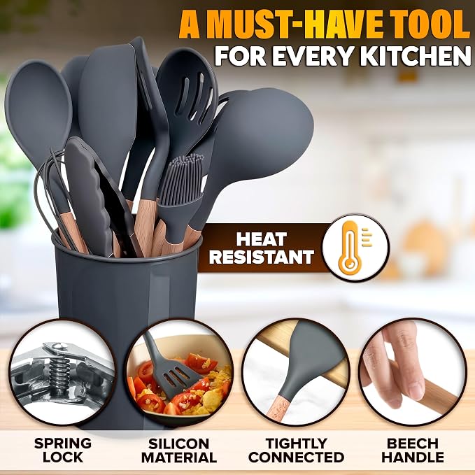 12 Pcs Gray Kitchen Utensils Set with Holder for Nonstick Cookware | Silicone Cooking Utensils Set for BBQ; Heat-Resistant Tools with Wooden Handles for Baking, Serving, Frying, and Mixing