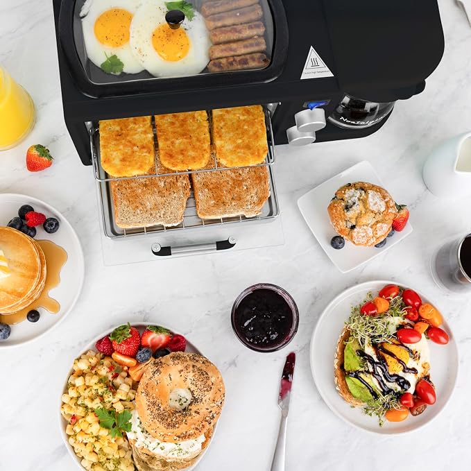 Nostalgia 3-in-1 Retro Breakfast Station - Includes 5 (4 Oz) Cup Coffee Maker, Non-Stick Ceramic Griddle, and 4-Slice Toaster Oven - Built-In Timer, Reusable Coffee Filter, Space-Saving Design - Black