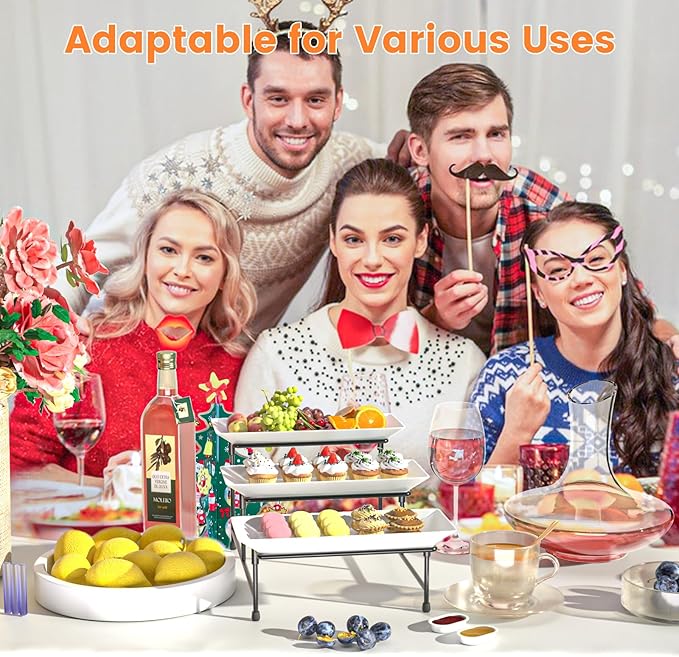3 Tier Serving Tray, 12'' Collapsible BPA Free Dessert Stand, Black | 3-Tier Serving Platter. BPA-Free, Shatterproof. Steel Frame, Collapsible. Ideal For Parties, Weddings, BBQ & Holiday Events.
