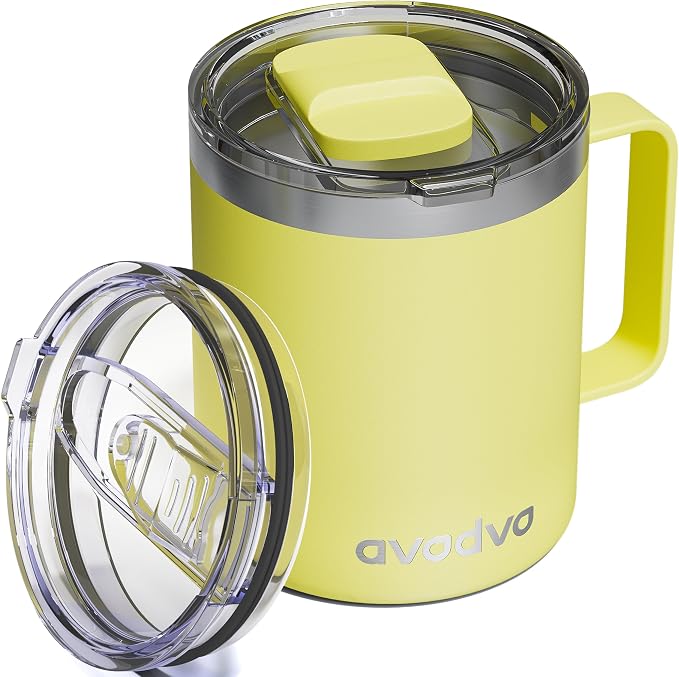 12oz Insulated Coffee Mug with Lid – Includes Two Lids, Stainless Steel Coffee Travel Mug with Handle, Double Wall Vacuum Insulated Camping Mug for Home, Office & Outdoor, Yellow