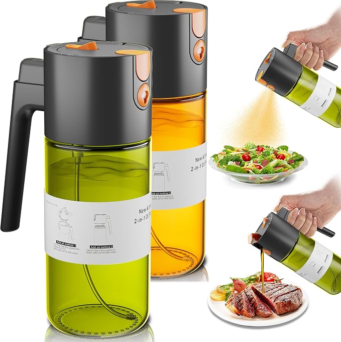 Olive Oil Sprayer & Dispenser for Cooking, 17oz Dark Glass Oil Mister, 2PC | 2-in-1 Sprayer & Pourer, Fine mist, Leakproof, Light-Blocking, Wide Mouth for Easy Refill & Clean, 8 Oil Labels, Reusable