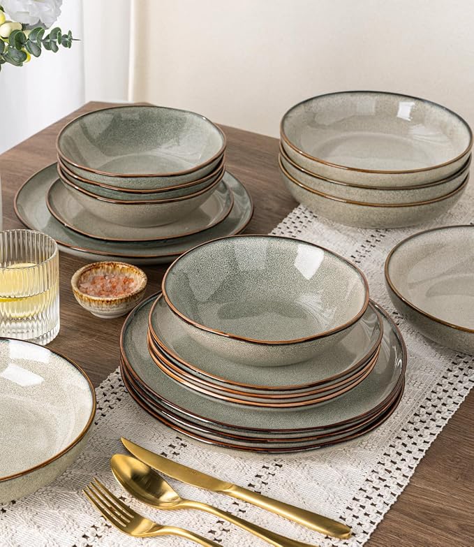 AmorArc 8.5’’ Ceramic Pasta Bowls Set of 6, 36oz Large Stoneware Bowls Set | Large Dinner Serving Bowls Set, Wide Bowl Plate for Pasta,Salad, Soup, Microwave Safe, Reactive Glaze-Green Wheat