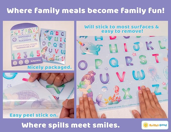 Bright Seed Disposable Placemats for Baby & Toddlers, Learning Mat- Mermaid | 40 Disposable Placemats, ABC, Numbers & Animal Learning, Perfect for Restaurants & Travel, Helps Keep Tables Clean