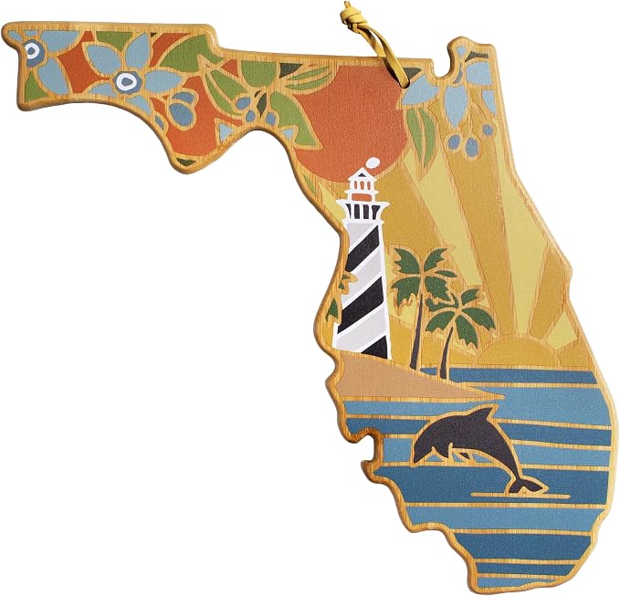 Totally Bamboo Florida State Shaped Cutting Board, Summer Stokes Art | State charcuterie board with colorful hand-drawn landscape art. Smooth reverse side for food prep. Hang tie for wall display.
