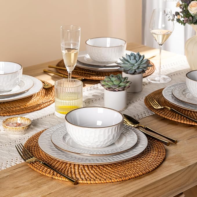 GBHOME Ceramic Dinnerware Sets of 6,18 pcs Plates and Bowls Sets Dishes | Embossed Elegant Stoneware Dishes Set | Dishwasher & Microwave Safe | Service for 4