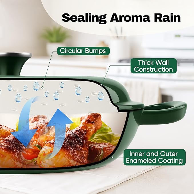 3 Quart Enameled Cast Iron Braiser, Non Stick Enameled Cast Iron Skillet with Lid, Dutch Oven Skillet with lid up to 500°F for Oven, Stove, Grill, Shallow Dutch Oven for Cook, Bake (Green)