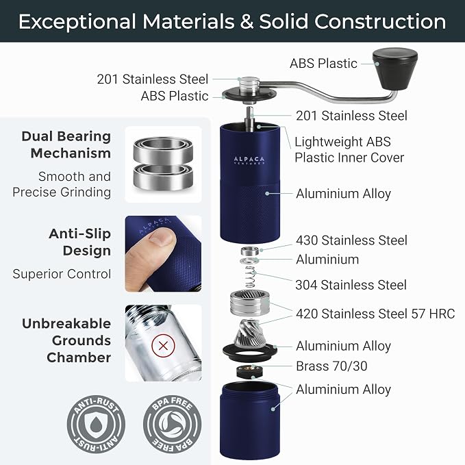 Premium Manual Coffee Grinder for Espresso, Pour Over & French Press with Stainless Steel Conical Burr, Precision Adjustable Hand Grinder, Compact Travel Size - by Alpaca Ventures
