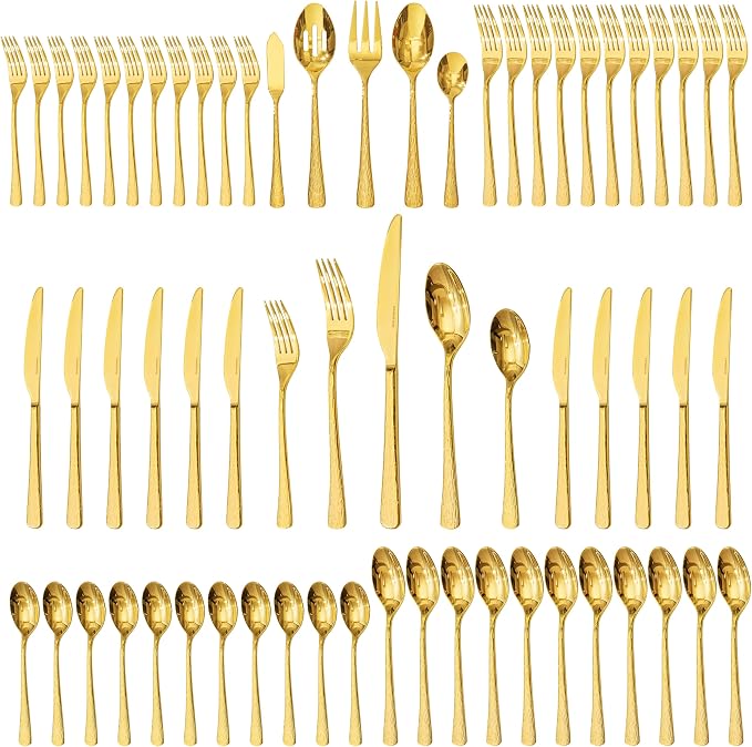 65 Piece Gold Silverware Set with Serving Utensils, 18/10 Stainless Steel | Hammered Ripple Handles, Serving Utensils, Dishwasher Safe, Rust Resistant, for Weddings, Parties & Holiday Dinners