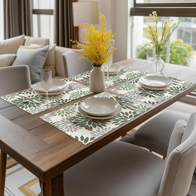 Artoid Mode Floral Vinyl Placemats Set of 4, 12x18 Inch Thanksgiving Washable Non-Slip Plastic Vinyl Place Mats for Party Kitchen Dining Decor, Olive Green