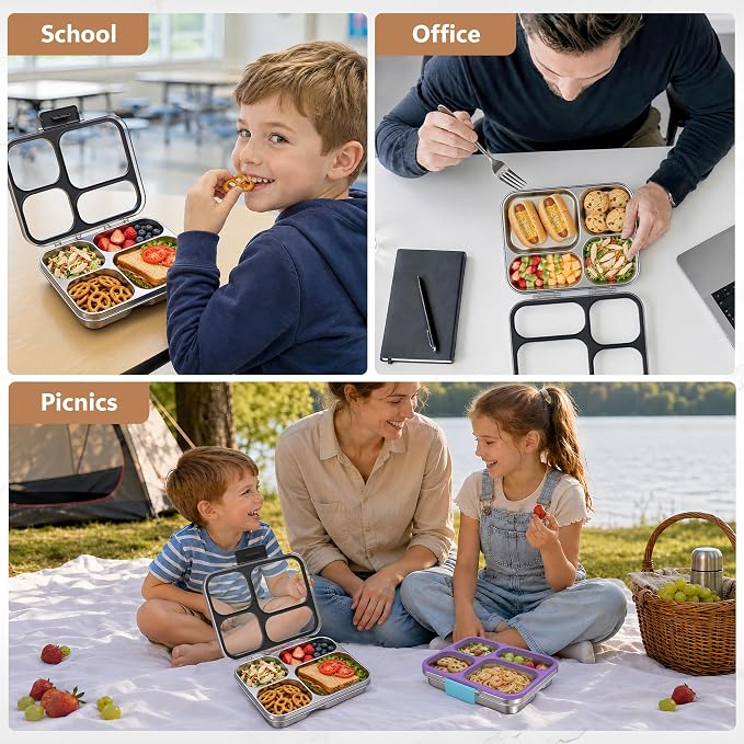 HOMEKOL Stainless Steel Bento Lunch Box, 4 Cups, Black | 4-Compartment Leak-Proof Metal Lunch Container for Kids & Adults, BPA/BPS-Free, Dishwasher Safe, Clear Lid, (Not Insulated)