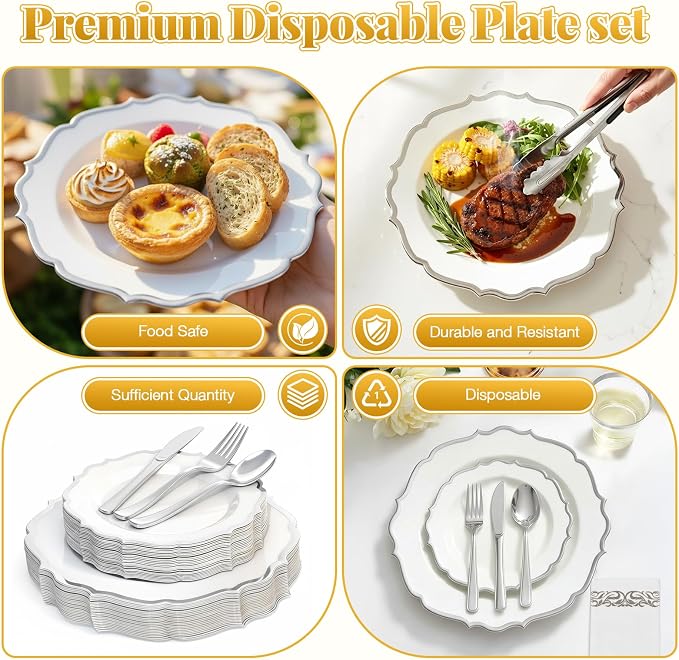 Glowserve 175 Piece Disposable Plastic Plates Dinnerware Set for 25 Guests | 50 Plastic Plates,25 Silverware Set,25 Cups and Napkins,Wedding Birthday,Family Party,Fancy Plastic Plates