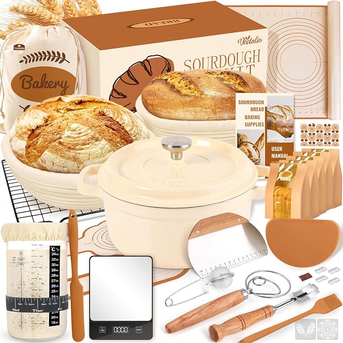 Sourdough Starter Kit Complete Set with Dutch Oven and Scale | 9" Round & 10" Oval Proofing Baskets, Sourdough Bread Baking Supplies, Beginner Kit Gifts for Bakers Women Wife Mom