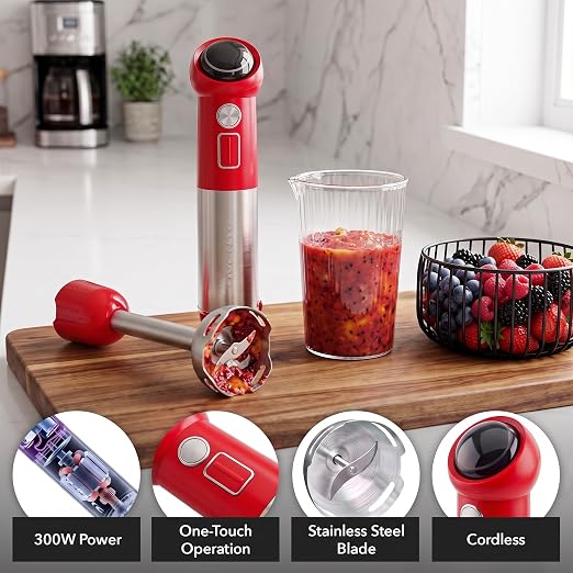 OVENTE Cordless Immersion Hand Blender, 300W Rechargeable Red HR995R | Handheld Portable Mixer with Speed Pulse Activating Sensor and Stainless Steel Blades for Smoothies, Shakes, or Baby Food