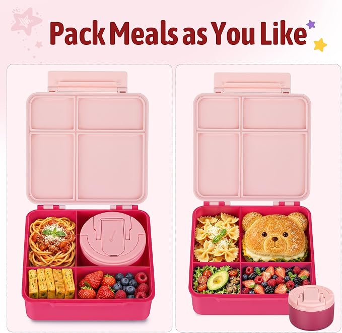 Bento Lunch Box Set for Kids with 8 oz Soup Thermo, Leakproof Hot Food Container with 4 Compartments, Insulated Food Jar for Toddler Daycare Boys Girls School - Pink