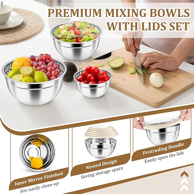 P&P CHEF Metal Mixing Bowls with Lids Set, Visible Airtight Lids & Khaki | 5 PCS Stainless Steel Mixing Nesting Bowls for Kitchen Prepping, Storing, Healthy & Easy Clean, Size 4.6, 3, 1.5, 1, 0.7 QT