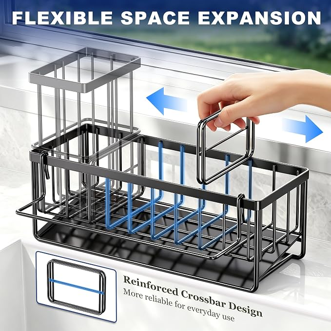 Slanted Sponge Holder for Kitchen Sink, Stainless Steel Sink Caddy Multi Sponge Holder, Small 9.65" × 3.74" × 6.3" Organizer for Apartment, Dorm, RV, Small Kitchen Countertop (Black)