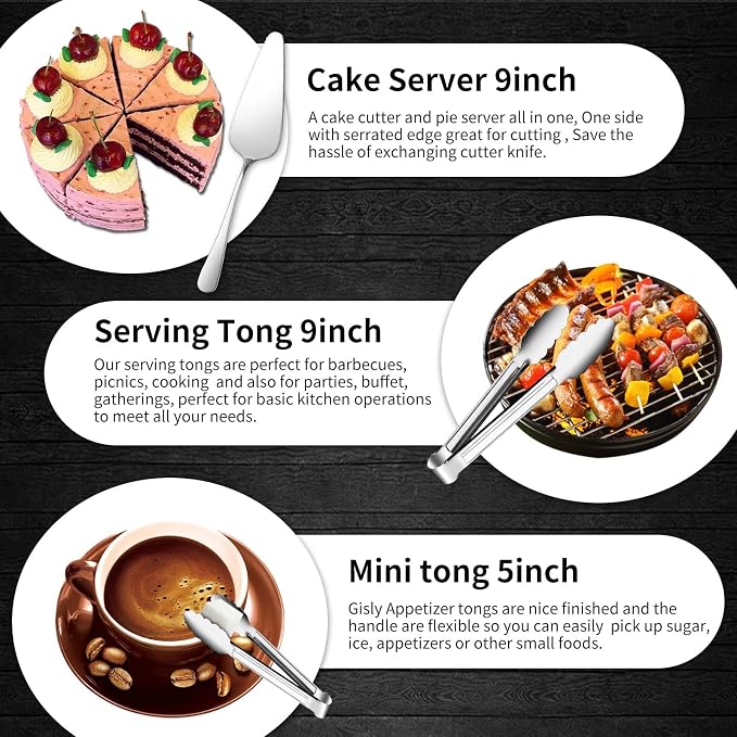 Gisly 12-Piece Serving Set - Large Spoons, Forks, Tongs, Ladle, Cake Server & Appetizer Tongs for Buffet Catering, Dishwasher Safe