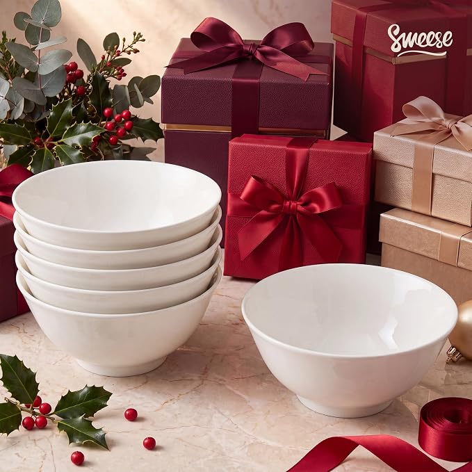 Sweese 18 oz Ceramic Soup Bowls Set of 6, White Pasta Bowls for Ramen, Salad, Noodles, Cereal and Soup, Stackable Serving Bowls for Everyday Meals
