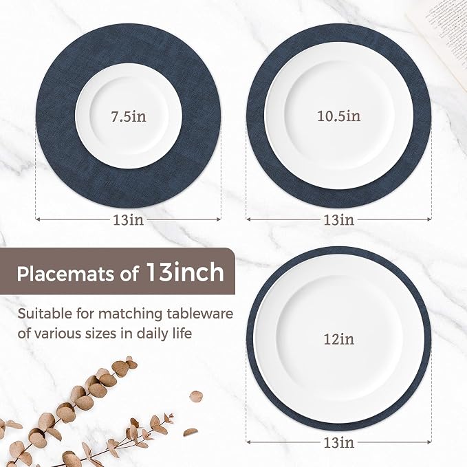 13" Round Placemats Set of 12, Reversible Faux Leather Wipeable Table Mats | 2mm Vinyl Heat Resistant, Waterproof Oilproof Scratch Proof Non-Slip, Washable for Kitchen Dining Indoor Outdoor (Navy Blue)