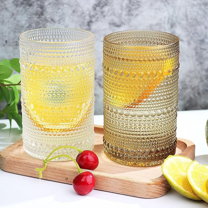 Hobnail-Drinking Glasses 13oz Vintage Glassware Sets Cocktail Juice Glasses Set of 6, Light Brown