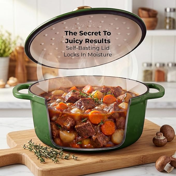 Zulay Kitchen 7.7 Quart Enameled Cast Iron Dutch Oven Pot with Lid – Premium Durability & Oven Safe up to 500°F – Heavy Duty Cookware Perfect for Bread Baking, Stews, Braising & Roasting – Green