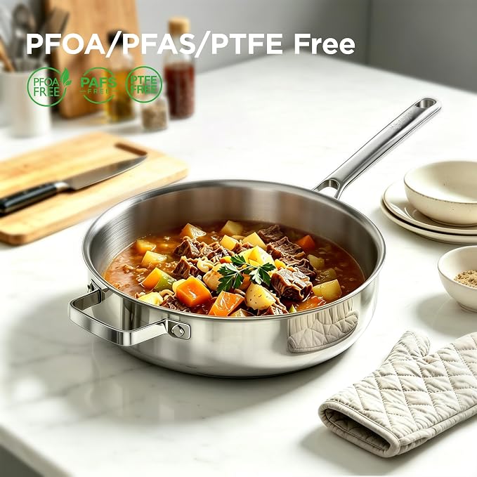 COOKER KING 3.6Qt Sauté Pan w/Lid, Stainless Steel Deep Skillet for Frying | Non-Toxic Uncoated Cookware, Dishwasher & Oven Safe, Induction Ready, Stay-Cool Handle, 3-Ply Clad for Fast Heat