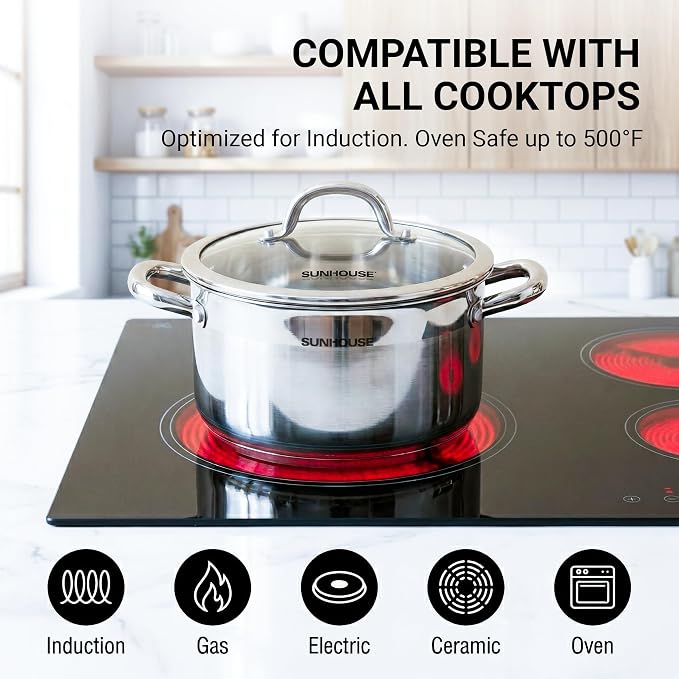 SUNHOUSE Whole-Clad 12 Quart Stainless Steel Stock Pot with Lid | Premium Whole-Body Clad Sweet-Spot Pot for Large Hot Pot, Big-Batch Broth & Crawfish Boil - Induction Compatible, Oven Safe
