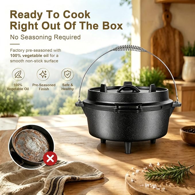 Joyfair Pre-seasoned Cast Iron Camp Dutch Oven, 5QT Pot & 2QT Skillet Lid | Open Fire Camping Cookware Set For Outdoor Campfire Cooking - Stewing Chicken,Baking Sourdough Bread, Plus Cleaner, Oven Safe