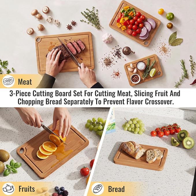 Bamboo Cutting Board Set for Kitchen, Charcuterie Board with Juice Grooves | 3-piece set with storage stand; pre-oiled; deep juice channels; Chopping Board for meat,cheese,vegetables