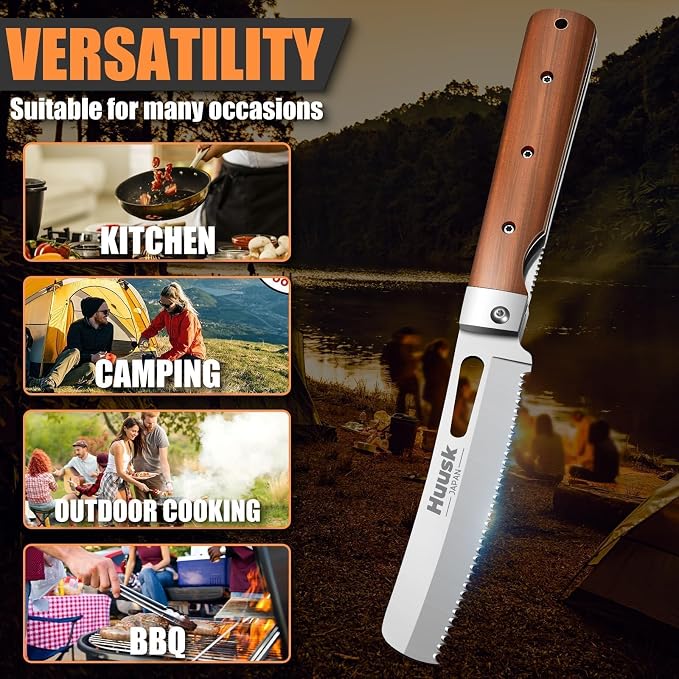 Huusk Folding Bread Knife for Homemade Bread - Portable Bread Knives | 440C Stainless Steel, Wooden Handle, Gift Box, Wide Wavy Edge for Steak, Tomato