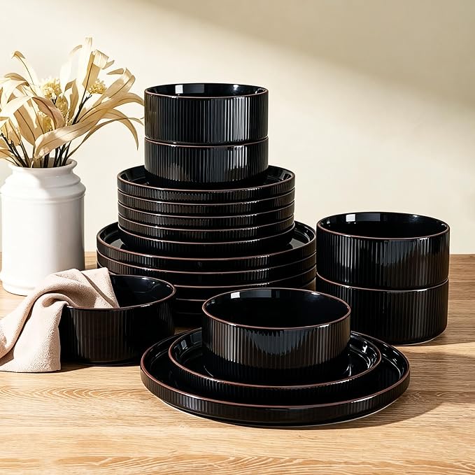 Line Porcelain Dinnerware Set, dish set for 6, Black | Premium dinnerware set, chip-resistant & durable. Safe for dishwasher, microwave, oven. For daily meals to festive feasts
