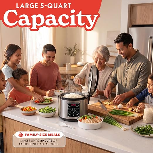 Gourmia Rice Cooker – 5 Qt Capacity, 20 Cup Cooked, 10 Cup Uncooked, Digital Controls, 6 Cooking Presets, Grain Cooker & Steamer, Nonstick Pot, Steam Tray, Delay Timer, Keep Warm, Stainless Steel