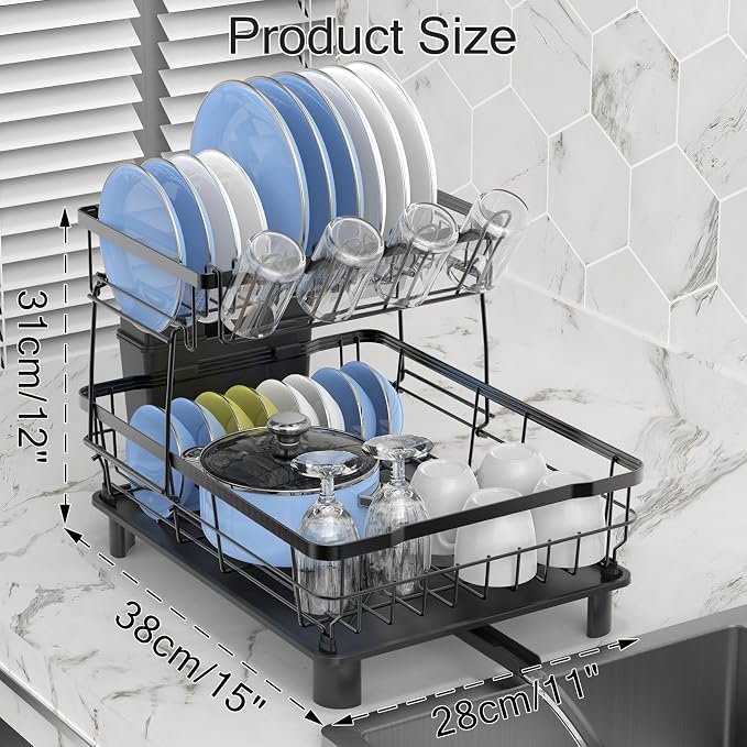 Small 2 Tier Dish Drying Rack, Space Saving Dish Racks for Kitchen Counter, Kitchen Organizer Dish Drainer with Cutlery Holder for Spoons and Forks, 11''W x 15''L, Black