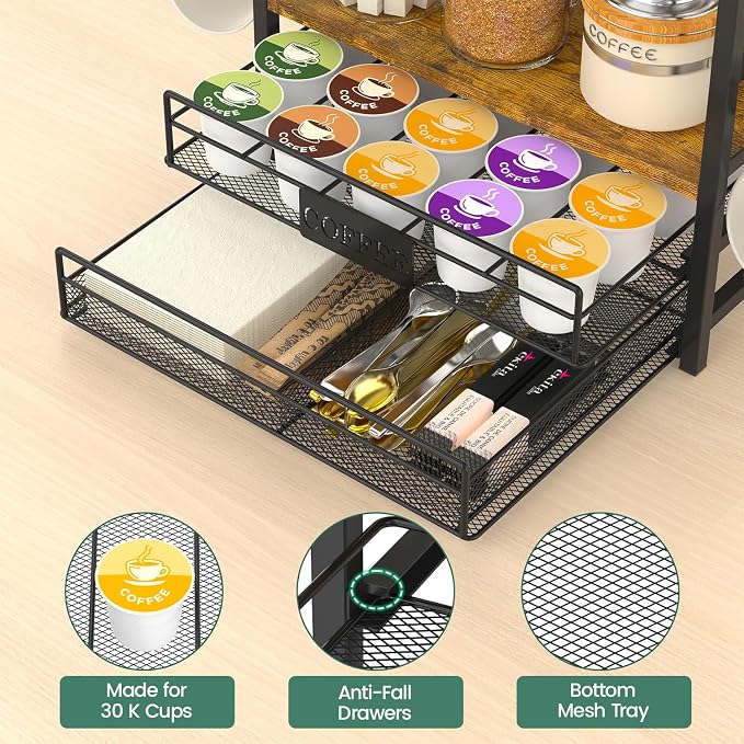 EsLuker.ly Coffee Bar Organizer Station Shelf Mug Holder for Countertop | 4 Tier Mug Holder Stand with 12 Hooks, K Cup Pod Drawer for Home Office, Keeps Essentials Tidy & Accessible