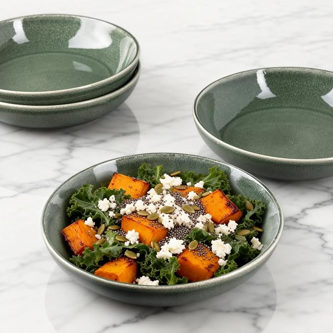 AmorArc 8.5’’ Ceramic Pasta Bowls Set of 4, 36oz Large Stoneware Bowls Set | Large Dinner Serving Bowls Set, Wide Bowl Plate for Pasta,Salad, Soup, Microwave Safe, Reactive Glaze-Jade Green